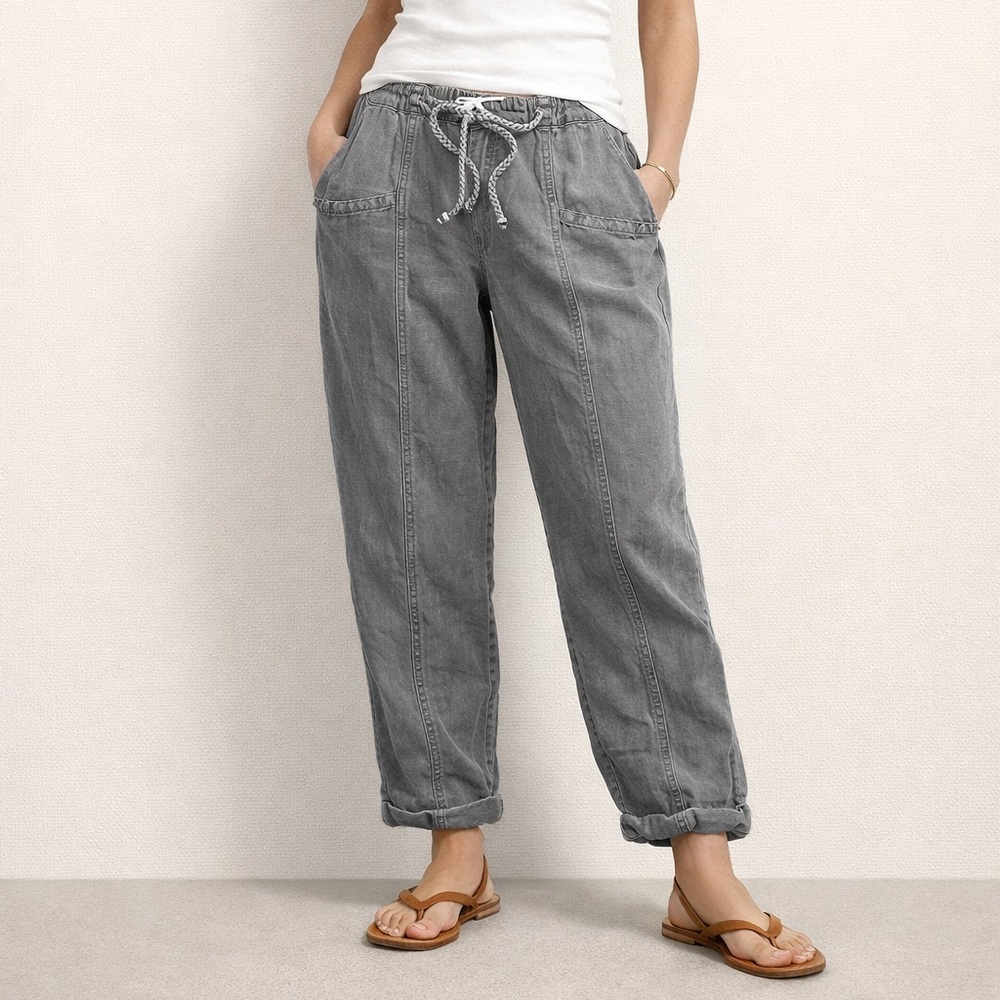 C&C California Linen Blend Pants Large Beachy Casual Gray Crop Resort Vacation